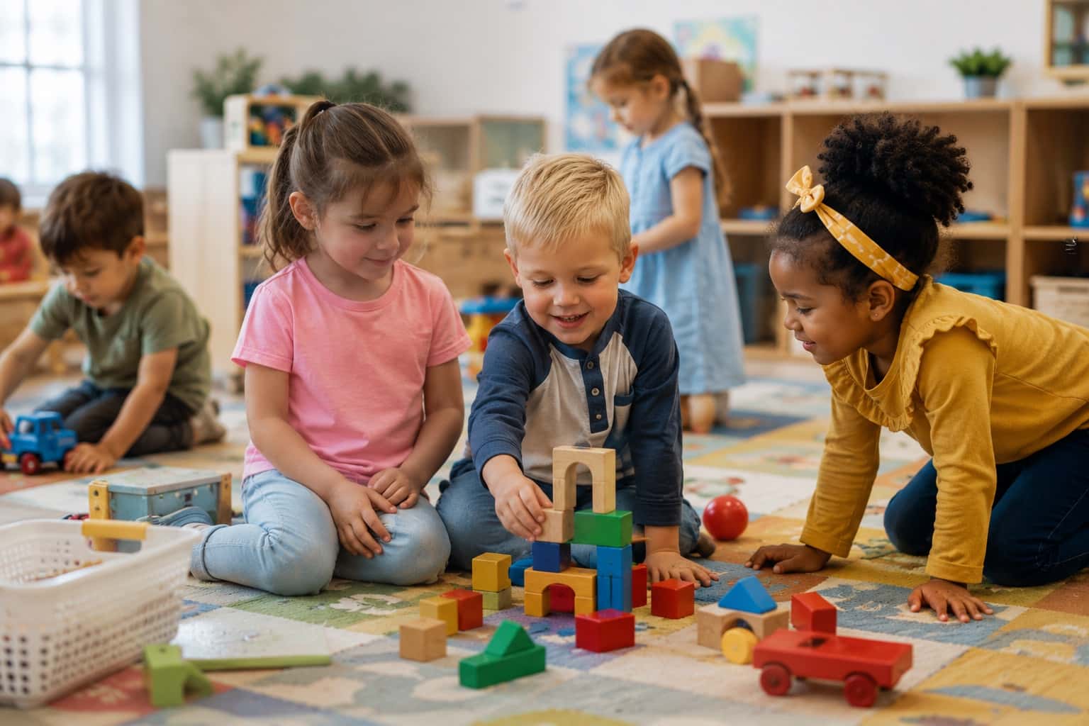 Children building with wooden blocks together at Active Care Center